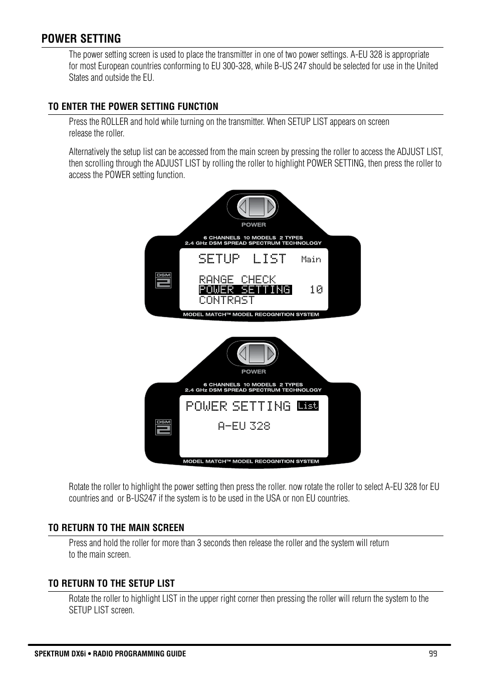 Setup list, Power setting | Spektrum DX6i User Manual | Page 99 / 140