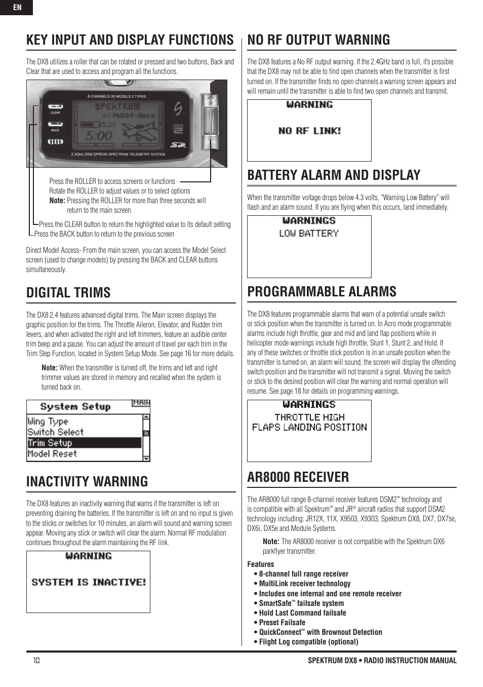 Key input and display functions, Digital trims, Inactivity warning | No rf output warning, Battery alarm and display, Programmable alarms, Ar8000 receiver | Spektrum DX8 User Manual | Page 10 / 42