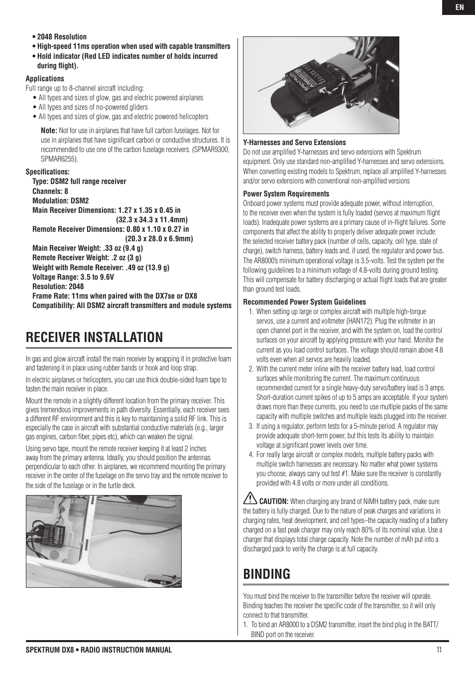 Receiver installation, Binding | Spektrum DX8 User Manual | Page 11 / 42