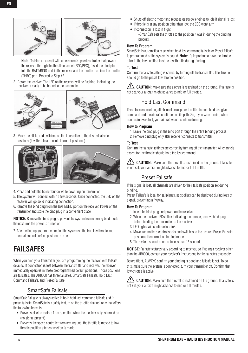 Failsafes, Smartsafe failsafe, Hold last command | Preset failsafe | Spektrum DX8 User Manual | Page 12 / 42