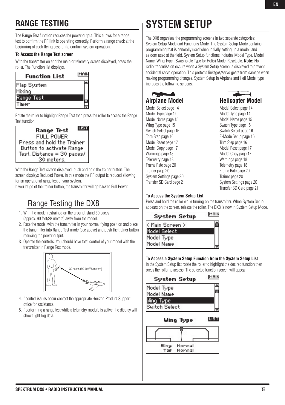 System setup, Range testing, Range testing the dx8 | Airplane model helicopter model | Spektrum DX8 User Manual | Page 13 / 42