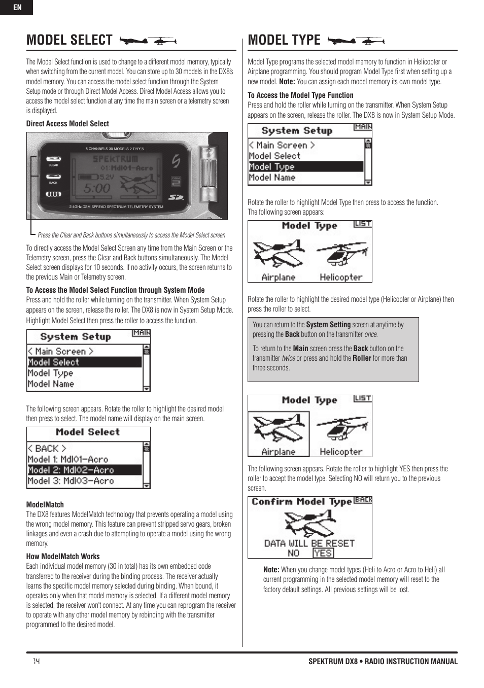 Model select, Model type | Spektrum DX8 User Manual | Page 14 / 42