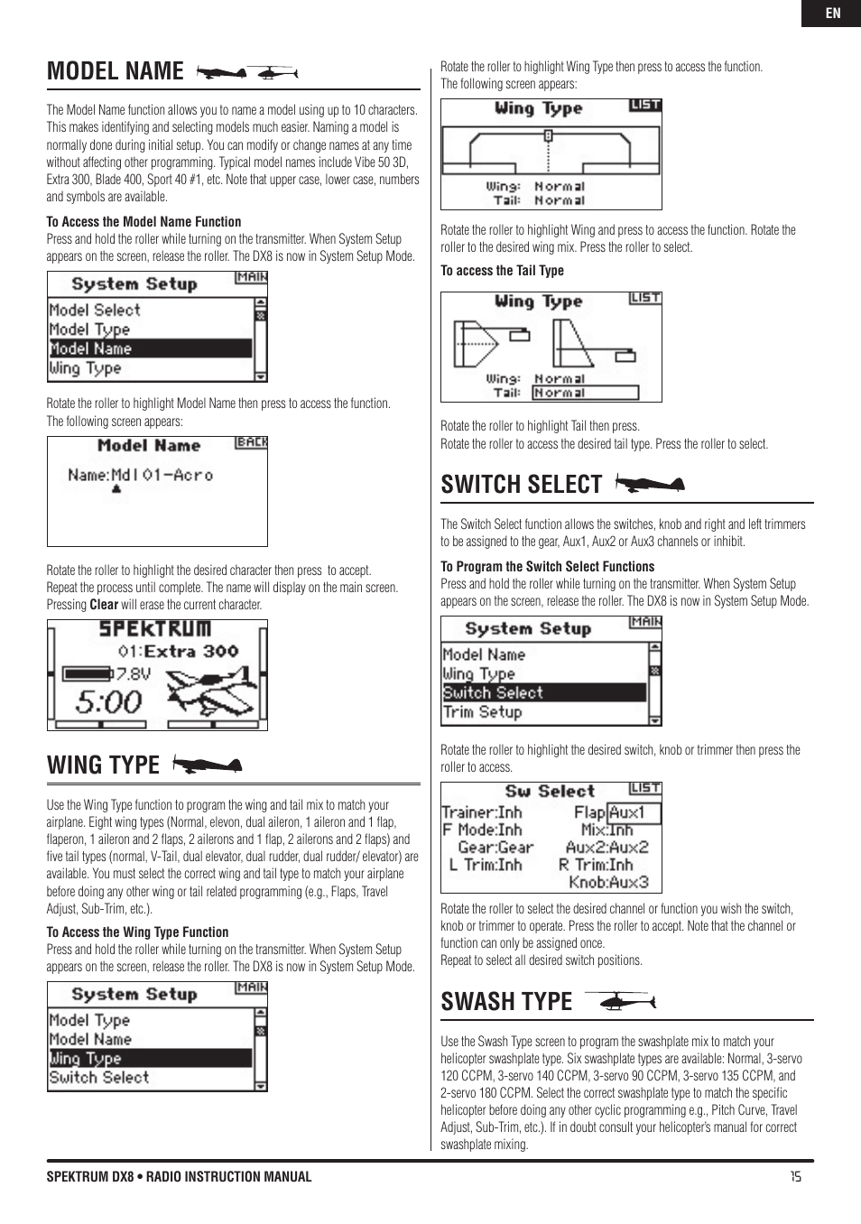 Model name, Wing type, Switch select | Swash type | Spektrum DX8 User Manual | Page 15 / 42