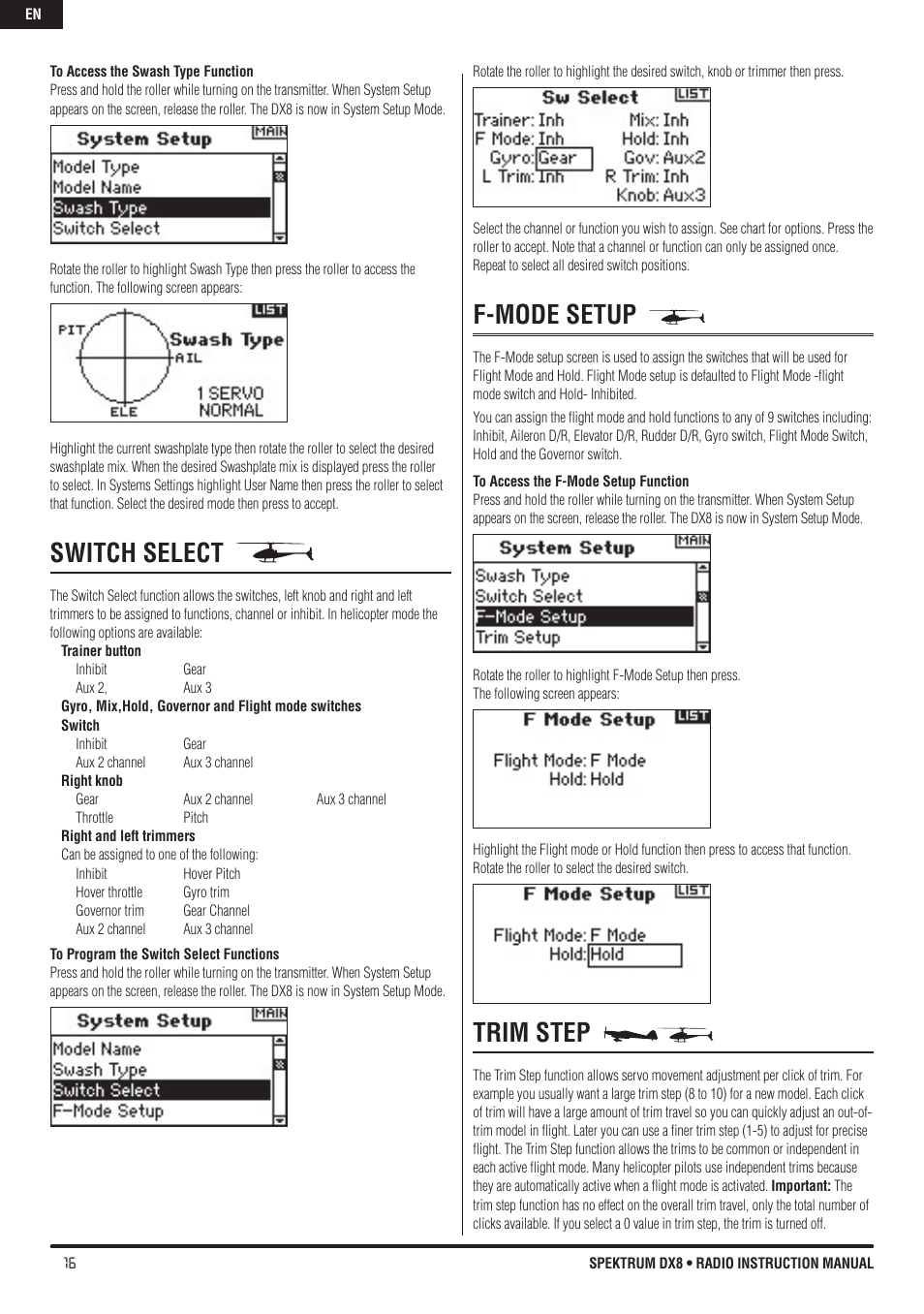 Switch select, F-mode setup, Trim step | Spektrum DX8 User Manual | Page 16 / 42