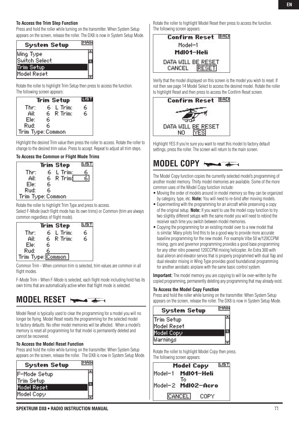 Model reset, Model copy | Spektrum DX8 User Manual | Page 17 / 42
