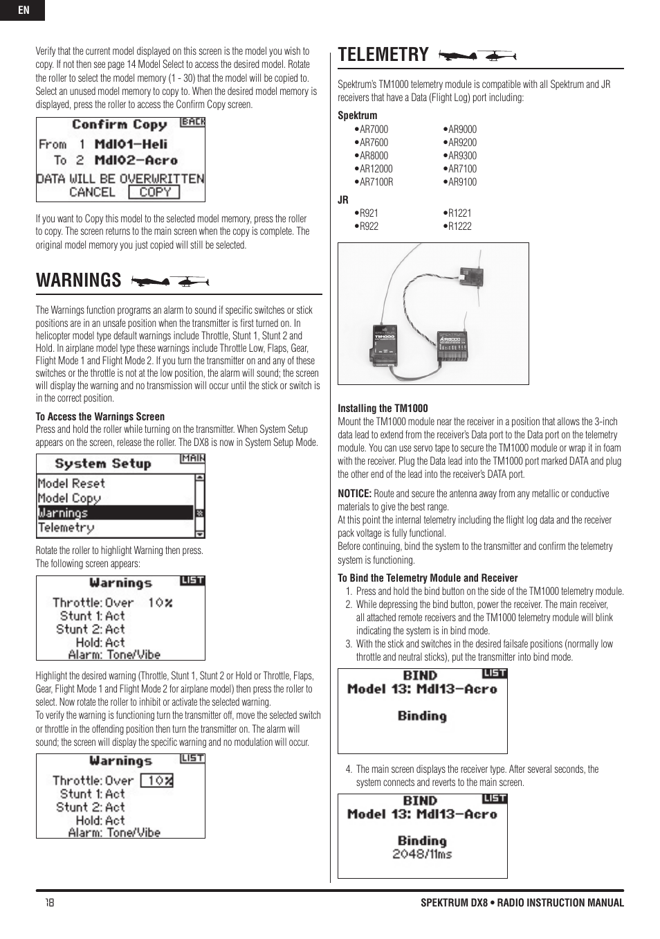 Warnings, Telemetry | Spektrum DX8 User Manual | Page 18 / 42