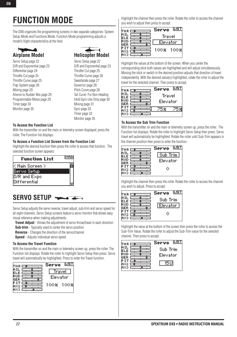 Function mode, Servo setup, Airplane model helicopter model | Spektrum DX8 User Manual | Page 22 / 42