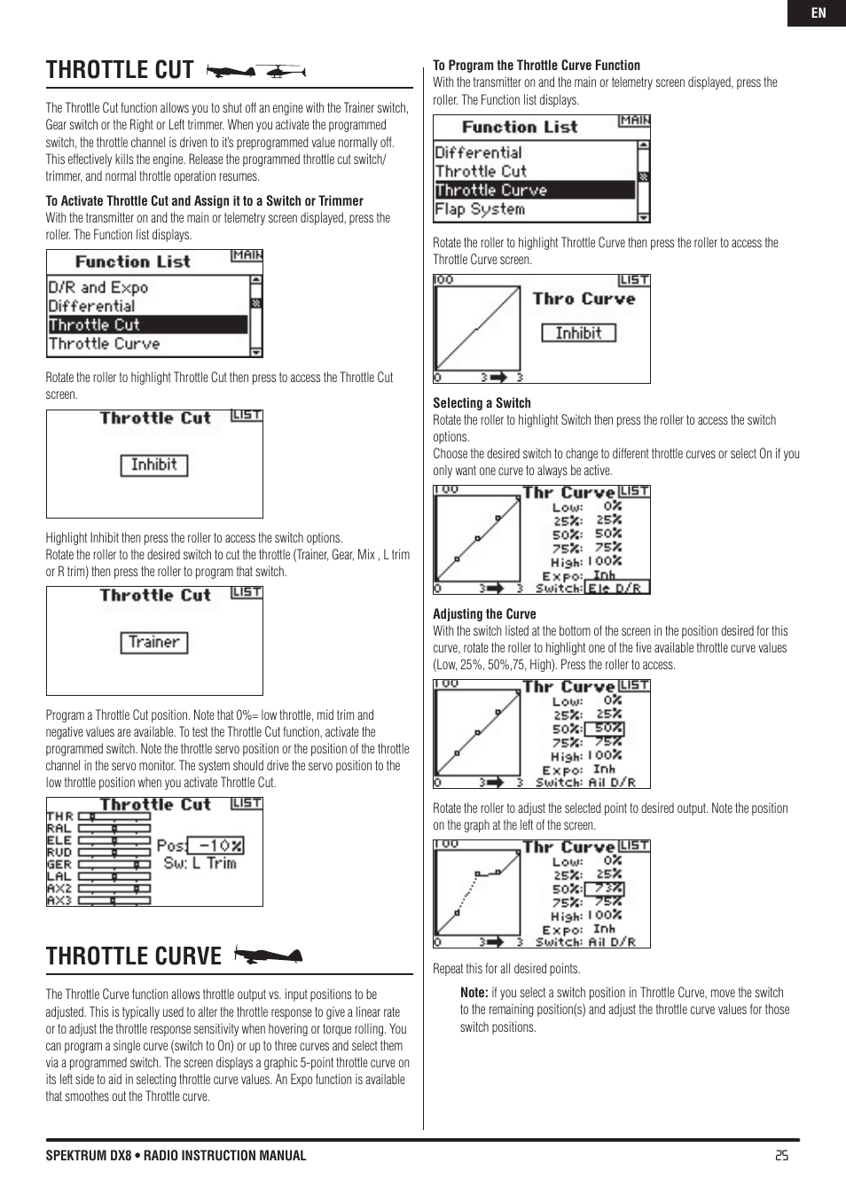 Throttle cut, Throttle curve | Spektrum DX8 User Manual | Page 25 / 42