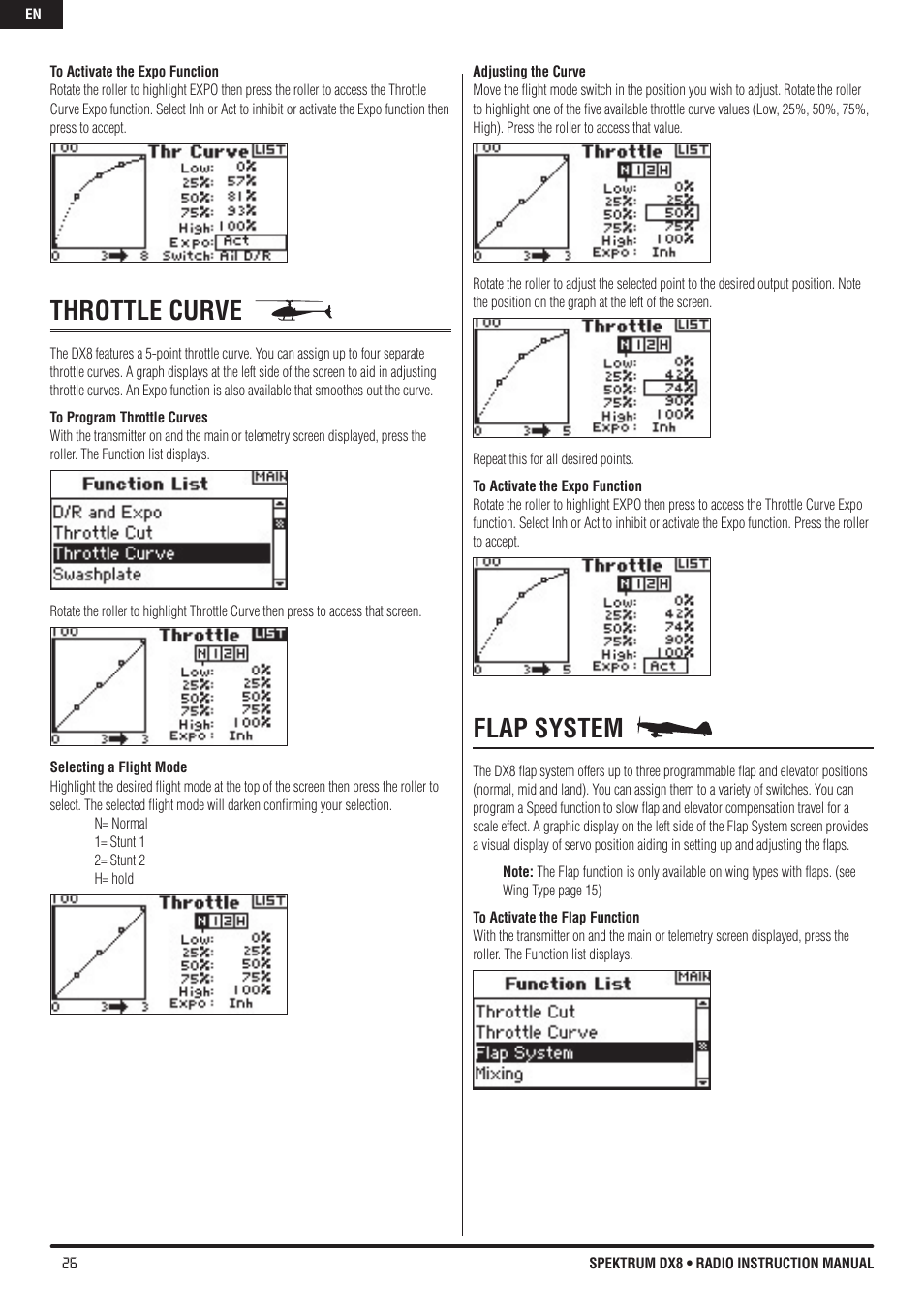 Throttle curve, Flap system | Spektrum DX8 User Manual | Page 26 / 42