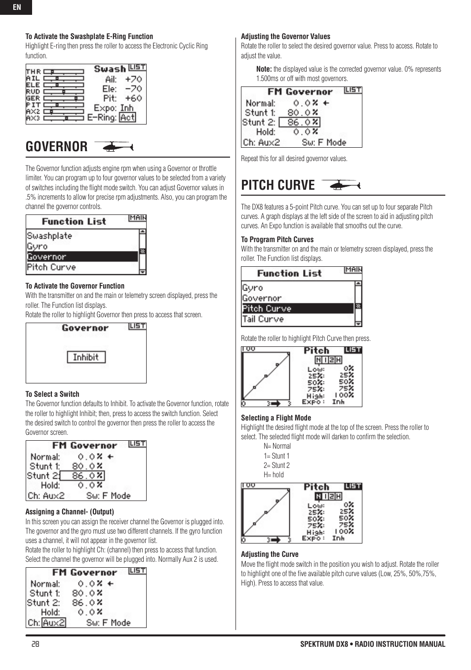 Governor, Pitch curve | Spektrum DX8 User Manual | Page 28 / 42