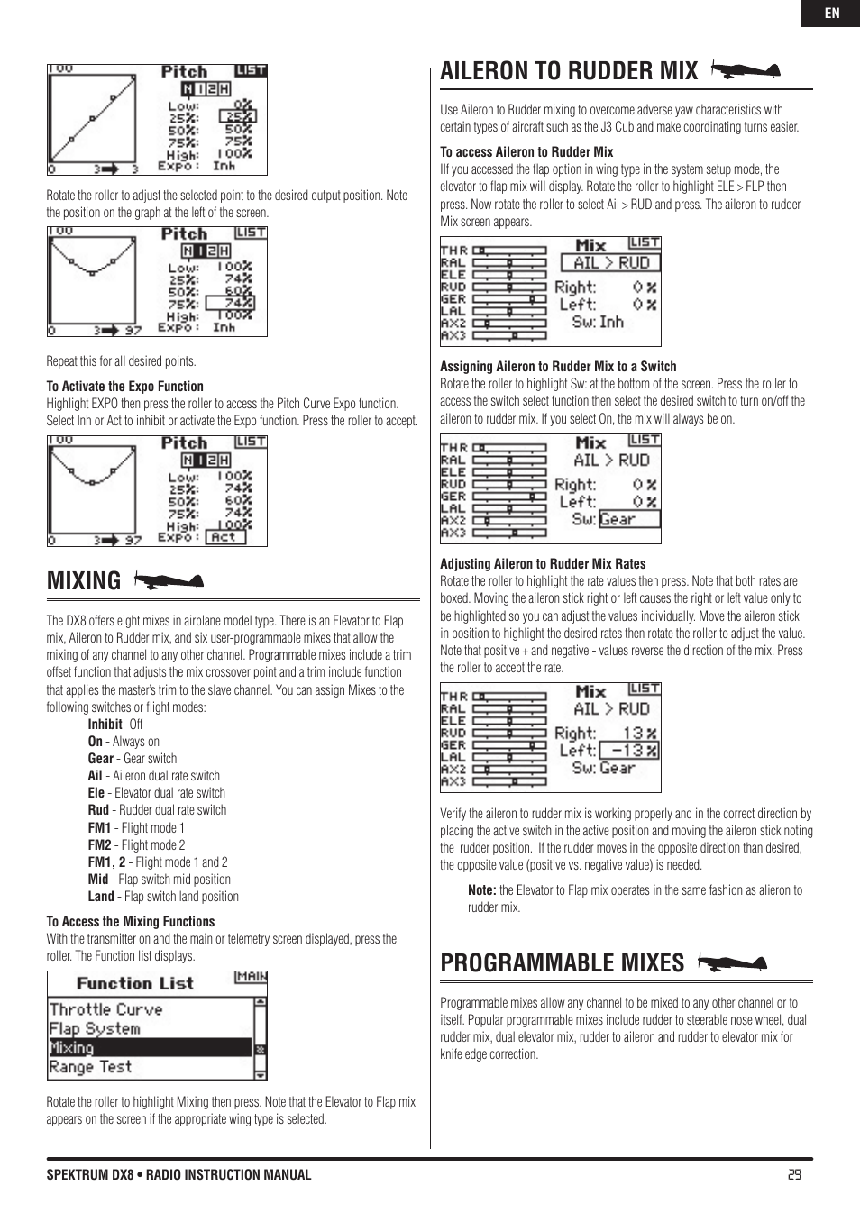 Mixing, Aileron to rudder mix, Programmable mixes | Spektrum DX8 User Manual | Page 29 / 42