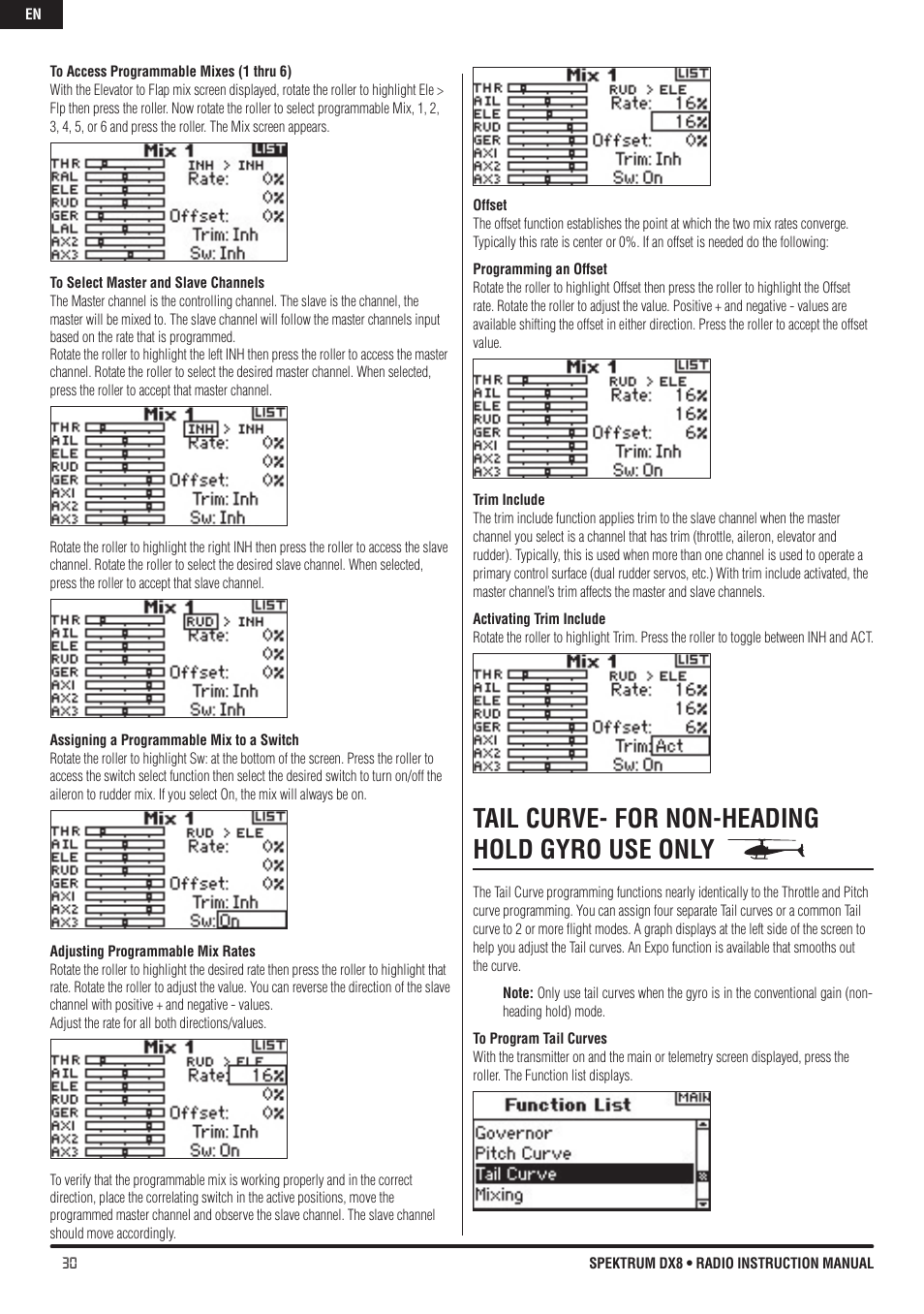 Tail curve- for non-heading hold gyro use only | Spektrum DX8 User Manual | Page 30 / 42
