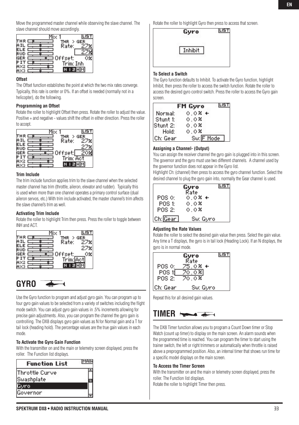 Gyro, Timer | Spektrum DX8 User Manual | Page 33 / 42