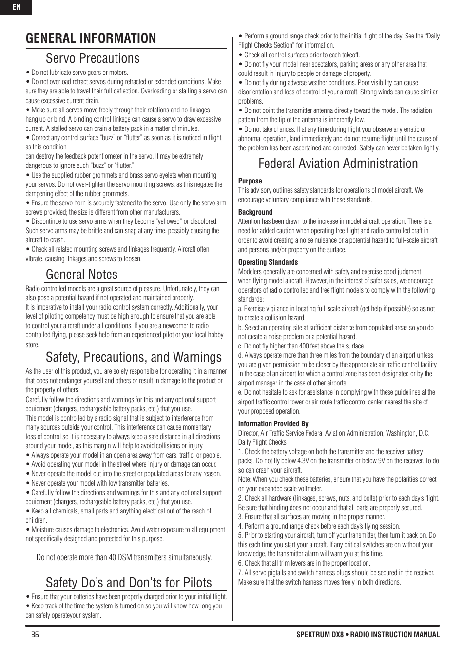 General information servo precautions, Safety, precautions, and warnings, Safety do’s and don’ts for pilots | Federal aviation administration | Spektrum DX8 User Manual | Page 36 / 42