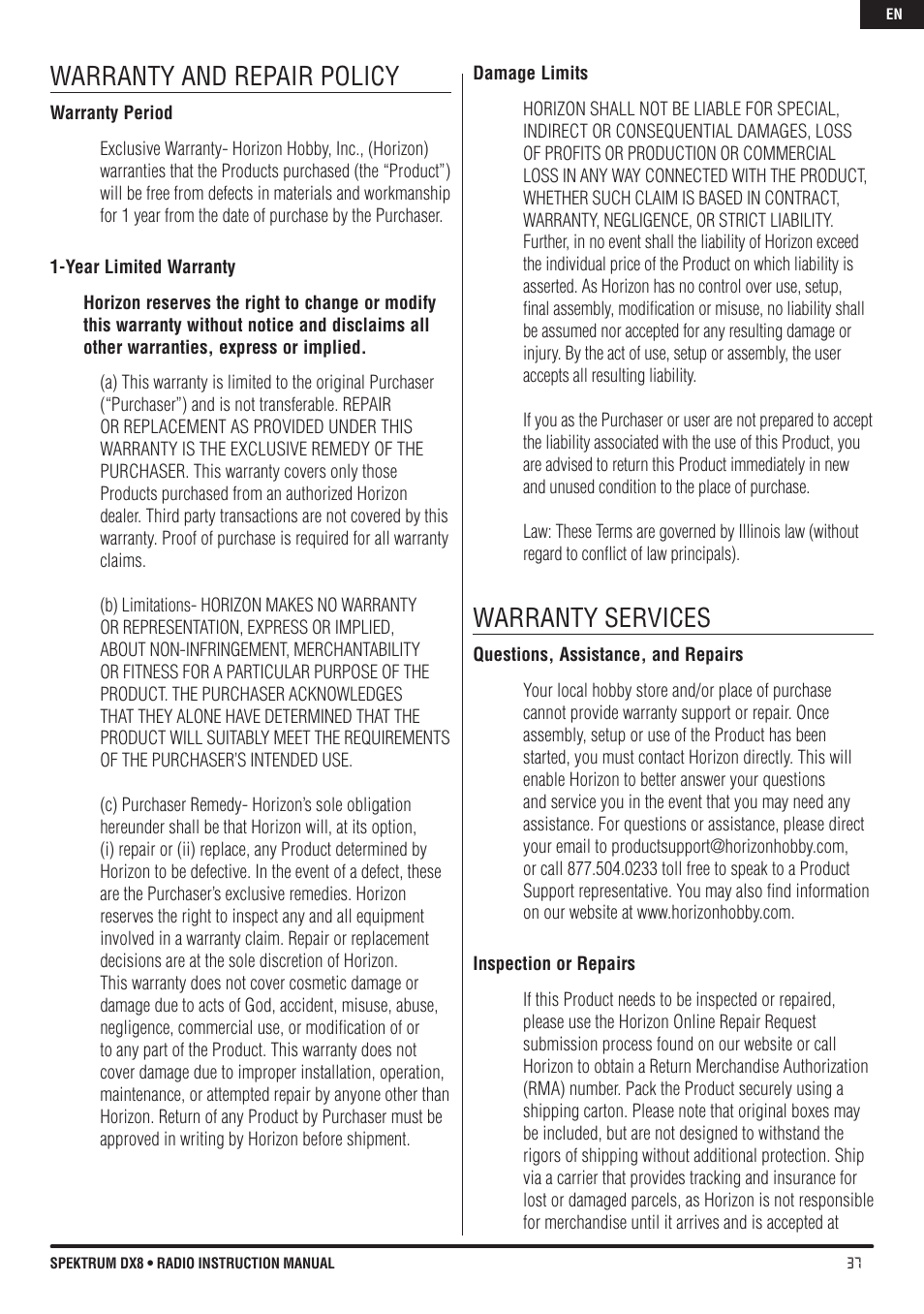 Warranty and repair policy, Warranty services | Spektrum DX8 User Manual | Page 37 / 42