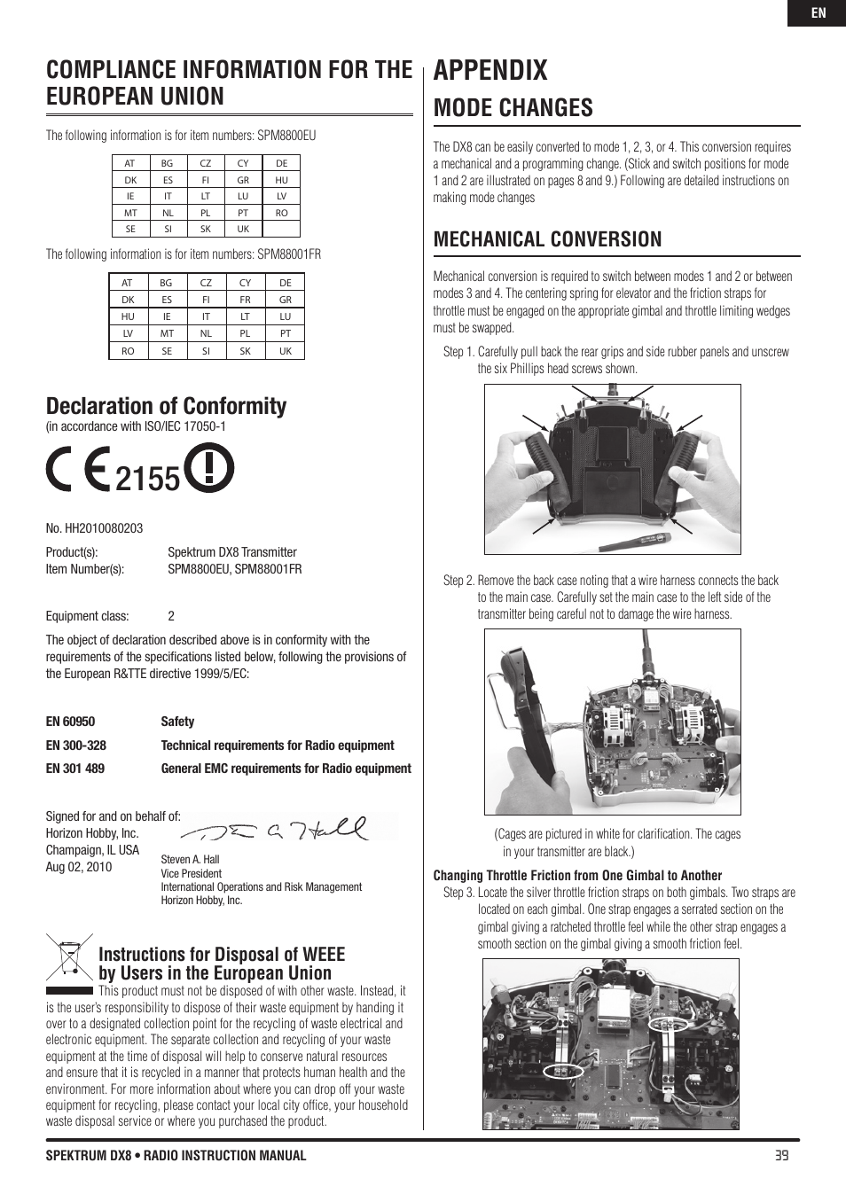 Appendix, Compliance information for the european union, Declaration of conformity | Mode changes, Mechanical conversion | Spektrum DX8 User Manual | Page 39 / 42