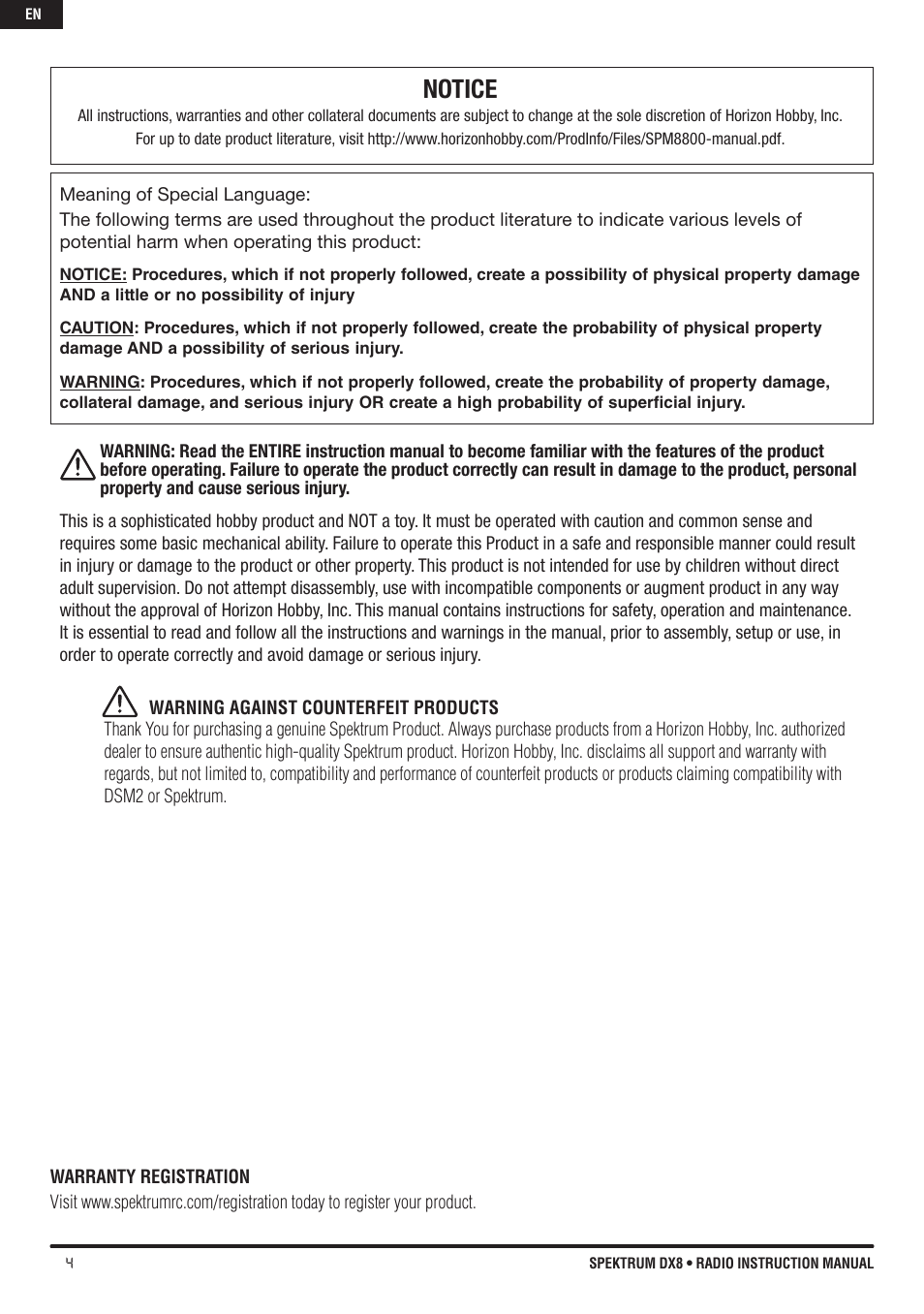 Notice | Spektrum DX8 User Manual | Page 4 / 42