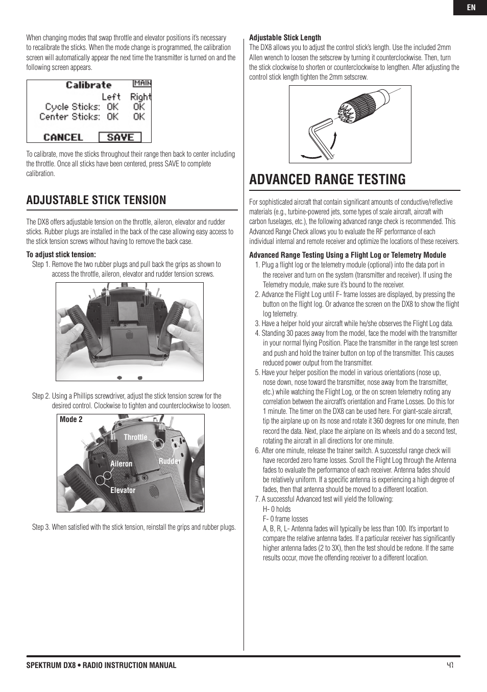 Advanced range testing, Adjustable stick tension | Spektrum DX8 User Manual | Page 41 / 42