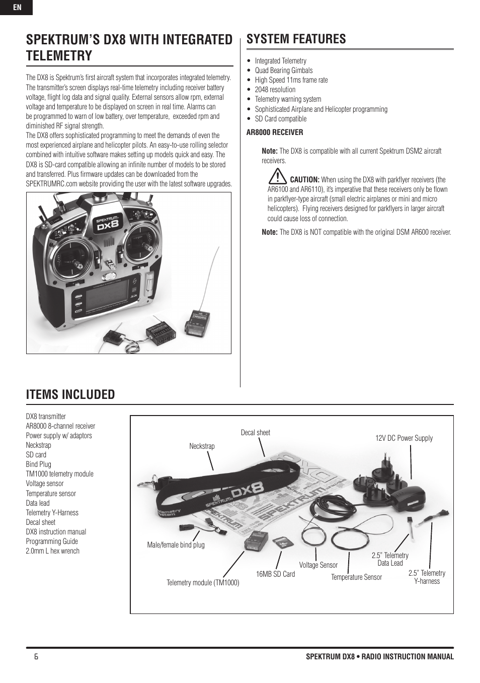 Spektrum’s dx8 with integrated telemetry, System features, Items included | Spektrum DX8 User Manual | Page 6 / 42