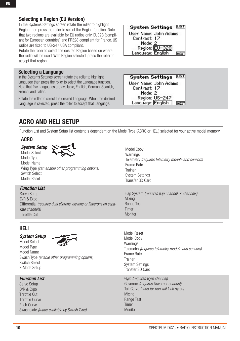 Acro and heli setup | Spektrum SPM7800 DX7S User Manual | Page 10 / 32