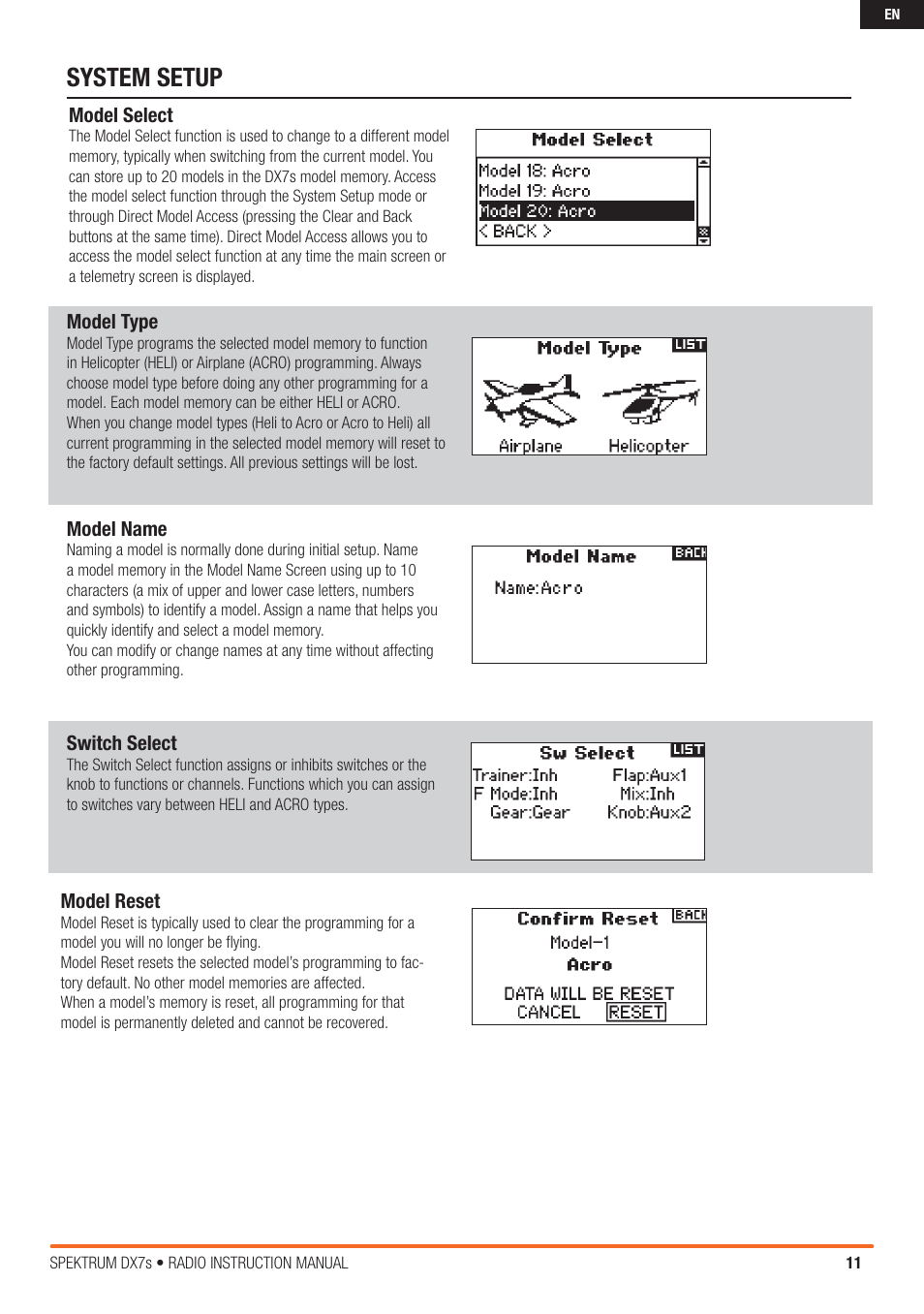System setup | Spektrum SPM7800 DX7S User Manual | Page 11 / 32