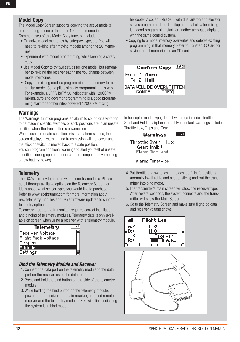 Warnings, Model copy, Telemetry | Spektrum SPM7800 DX7S User Manual | Page 12 / 32