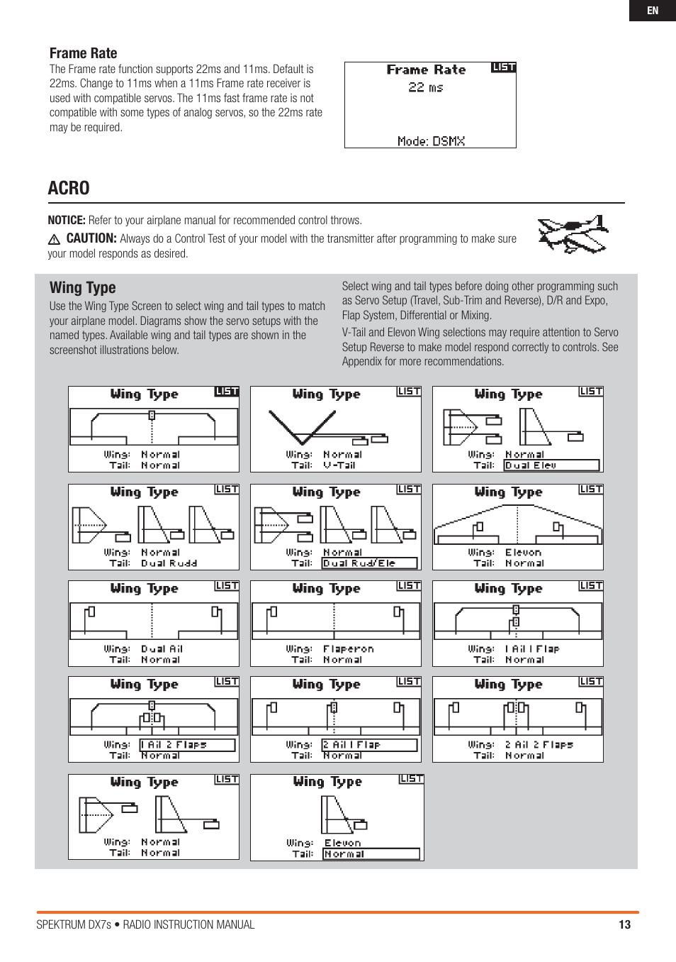 Acro, Wing type | Spektrum SPM7800 DX7S User Manual | Page 13 / 32