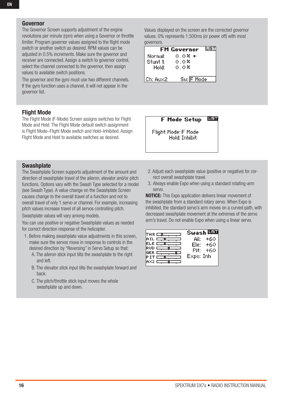 Governor, Flight mode, Swashplate | Spektrum SPM7800 DX7S User Manual | Page 16 / 32