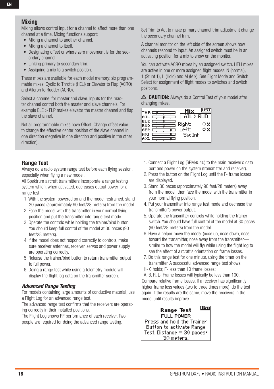 Mixing, Range test | Spektrum SPM7800 DX7S User Manual | Page 18 / 32