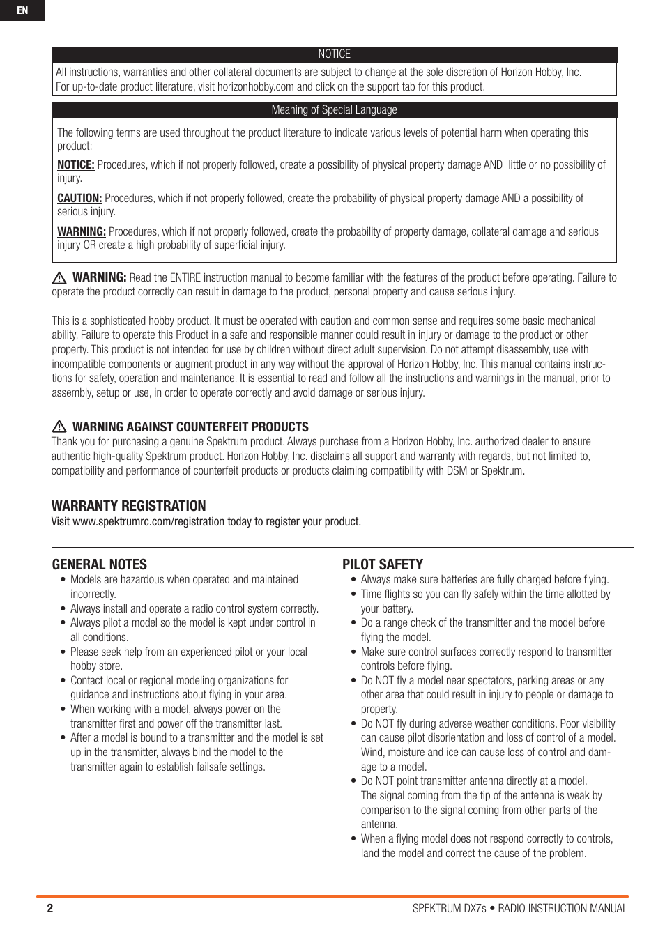 Warranty registration, Pilot safety | Spektrum SPM7800 DX7S User Manual | Page 2 / 32