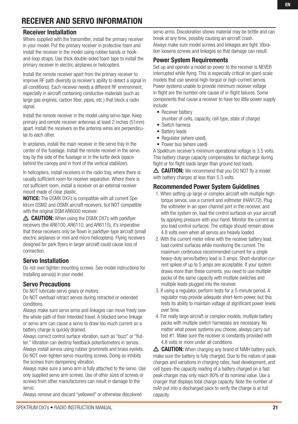 Receiver and servo information | Spektrum SPM7800 DX7S User Manual | Page 21 / 32