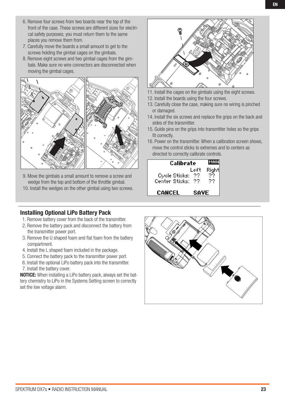 Installing optional lipo battery pack | Spektrum SPM7800 DX7S User Manual | Page 23 / 32
