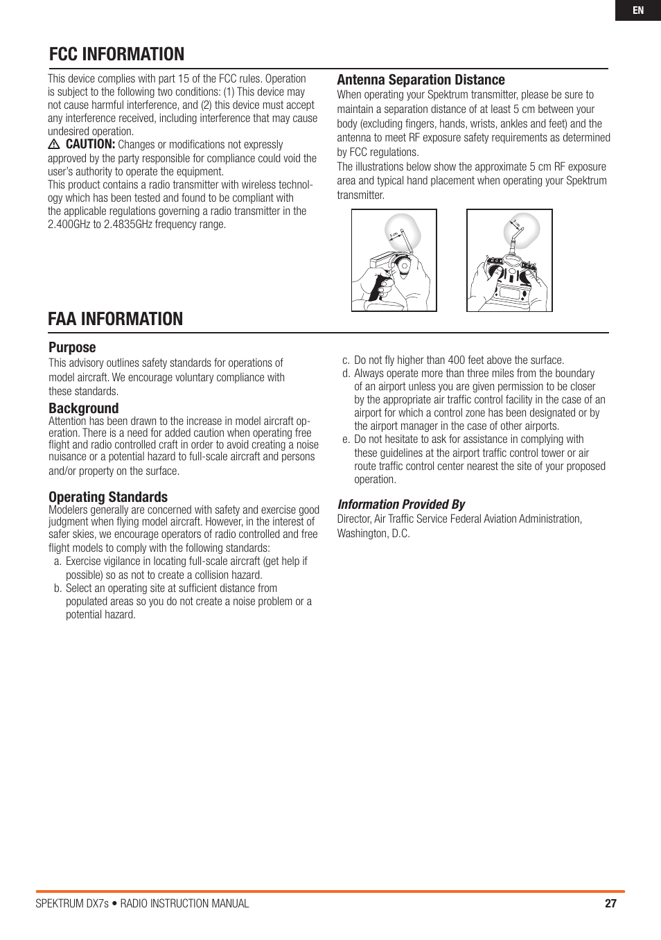 Fcc information faa information | Spektrum SPM7800 DX7S User Manual | Page 27 / 32
