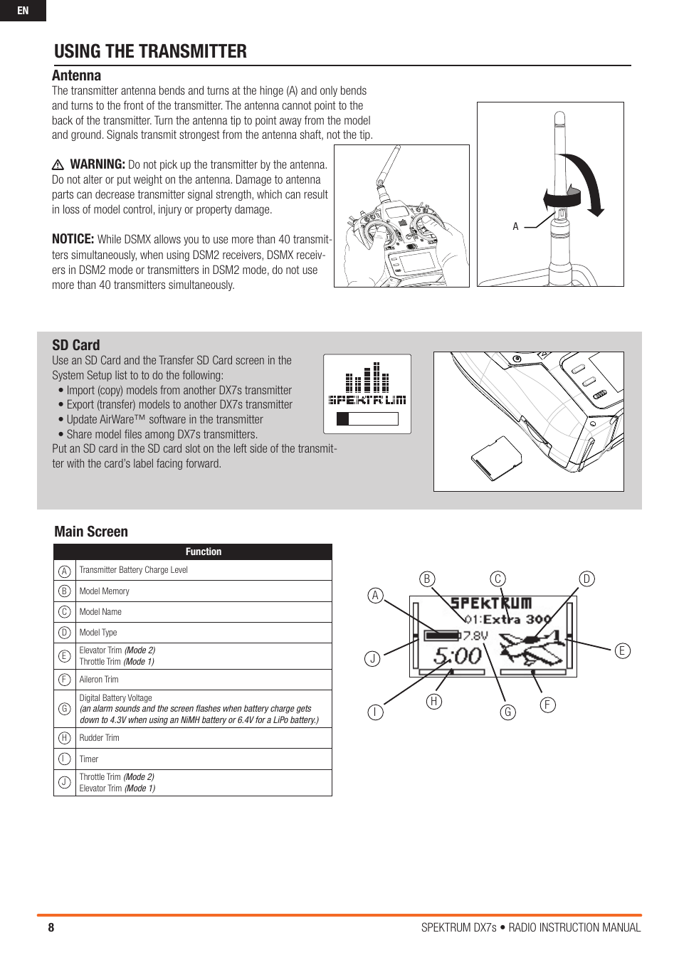 Using the transmitter, Main screen, Antenna | Sd card, Warning, Notice | Spektrum SPM7800 DX7S User Manual | Page 8 / 32