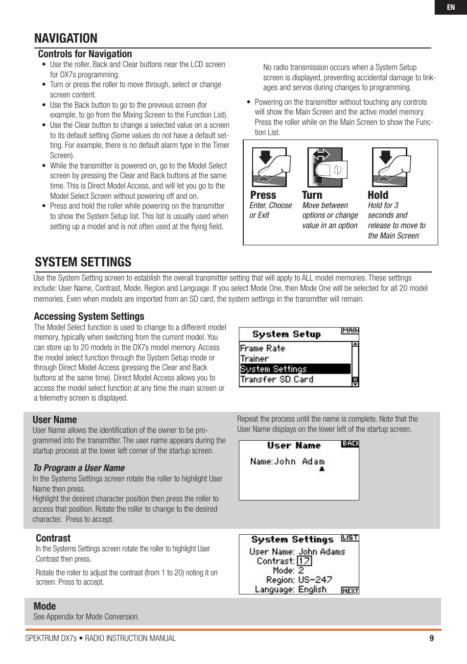 Turn press press, System settings, Navigation | Spektrum SPM7800 DX7S User Manual | Page 9 / 32