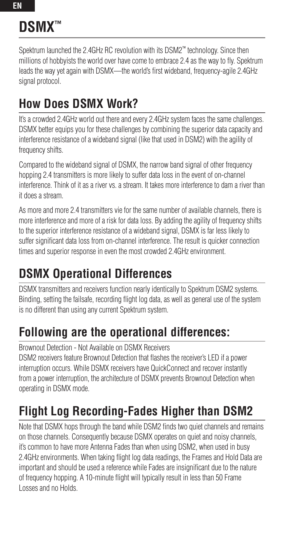 Dsmx, How does dsmx work, Dsmx operational differences | Following are the operational differences, Flight log recording-fades higher than dsm2 | Spektrum DSMX User Manual | Page 2 / 12