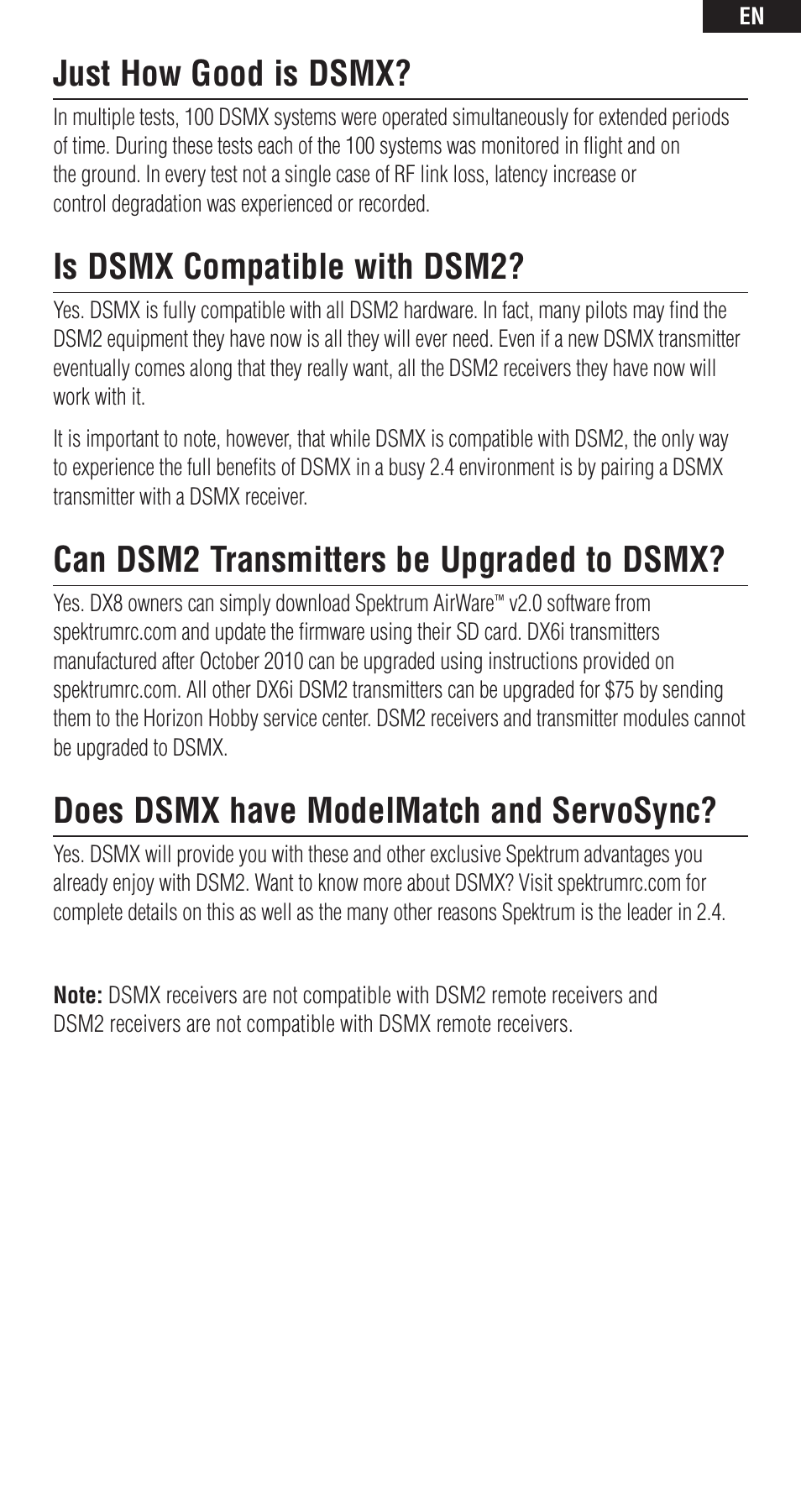 Just how good is dsmx, Is dsmx compatible with dsm2, Can dsm2 transmitters be upgraded to dsmx | Does dsmx have modelmatch and servosync | Spektrum DSMX User Manual | Page 3 / 12