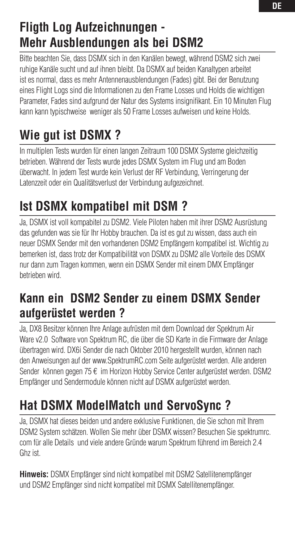 Wie gut ist dsmx, Ist dsmx kompatibel mit dsm, Hat dsmx modelmatch und servosync | Spektrum DSMX User Manual | Page 5 / 12