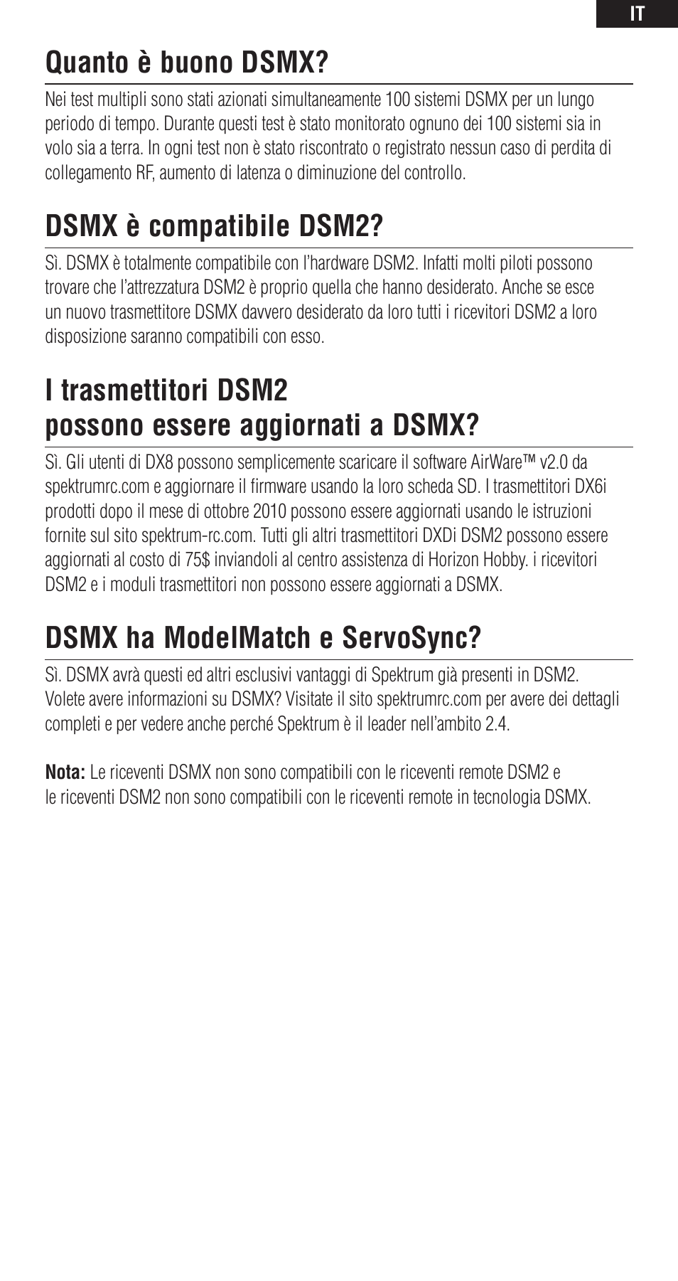 Quanto è buono dsmx, Dsmx è compatibile dsm2, Dsmx ha modelmatch e servosync | Spektrum DSMX User Manual | Page 9 / 12