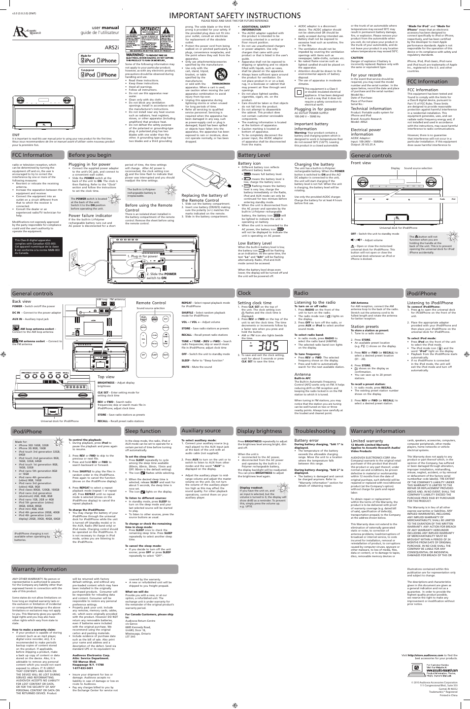Audiovox ARS2I User Manual | 1 page