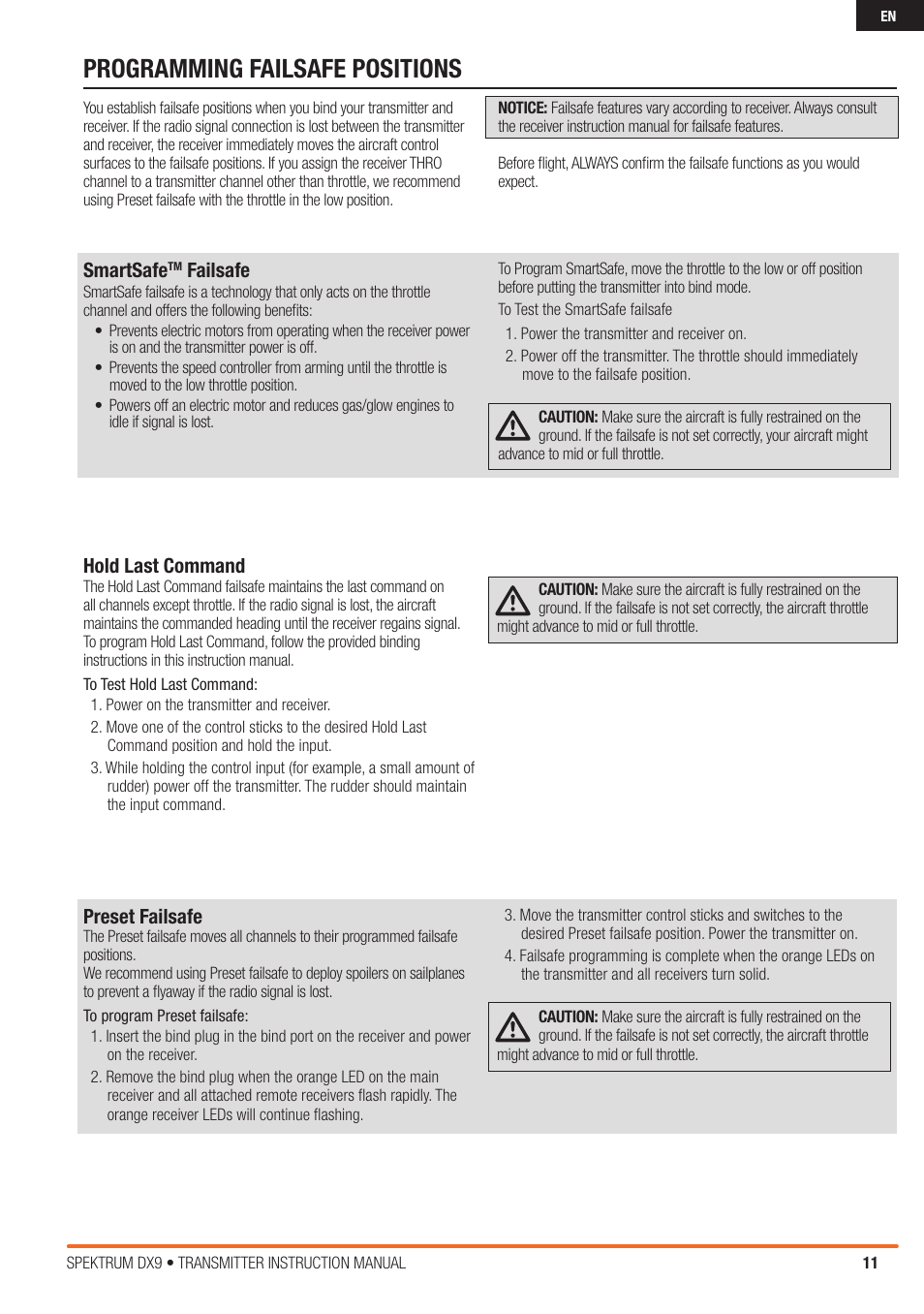 Programming failsafe positions, Smartsafe, Failsafe | Hold last command, Preset failsafe | Spektrum SPMR9900 DX9 User Manual | Page 11 / 48