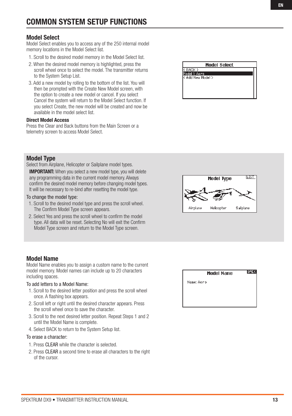 Common system setup functions, Model select, Model type | Model name | Spektrum SPMR9900 DX9 User Manual | Page 13 / 48