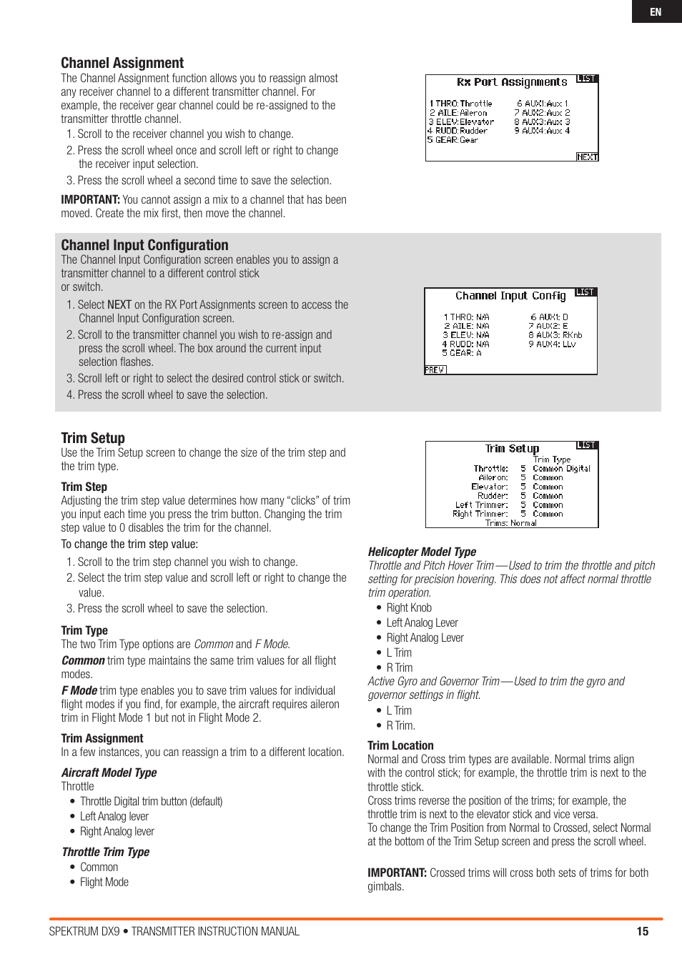 Channel assignment, Channel input configuration, Trim setup | Spektrum SPMR9900 DX9 User Manual | Page 15 / 48