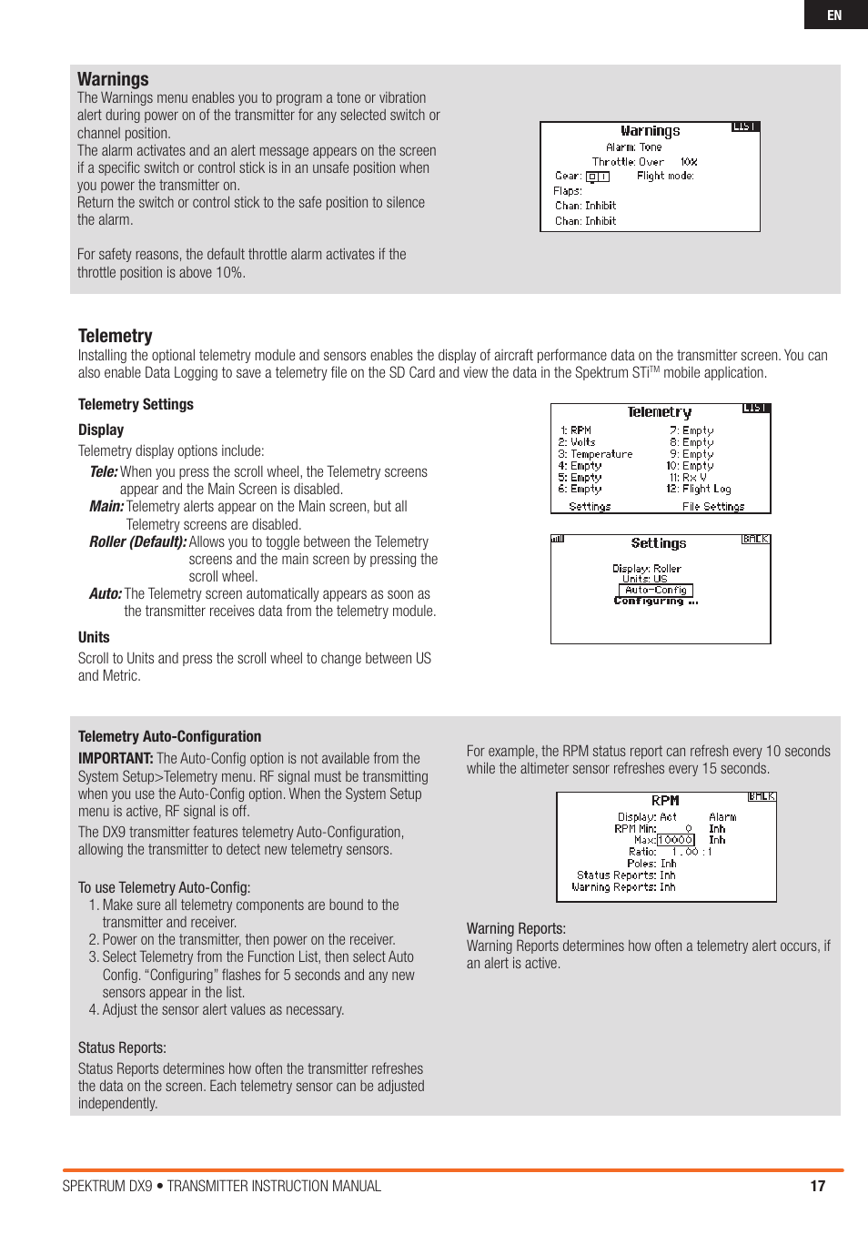Warnings, Telemetry | Spektrum SPMR9900 DX9 User Manual | Page 17 / 48