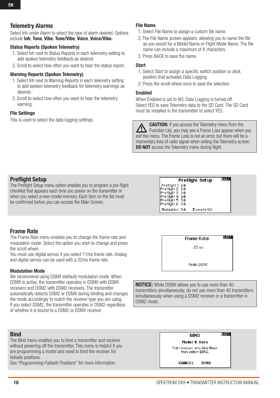 Frame rate, Bind, Preflight setup | Telemetry alarms | Spektrum SPMR9900 DX9 User Manual | Page 18 / 48