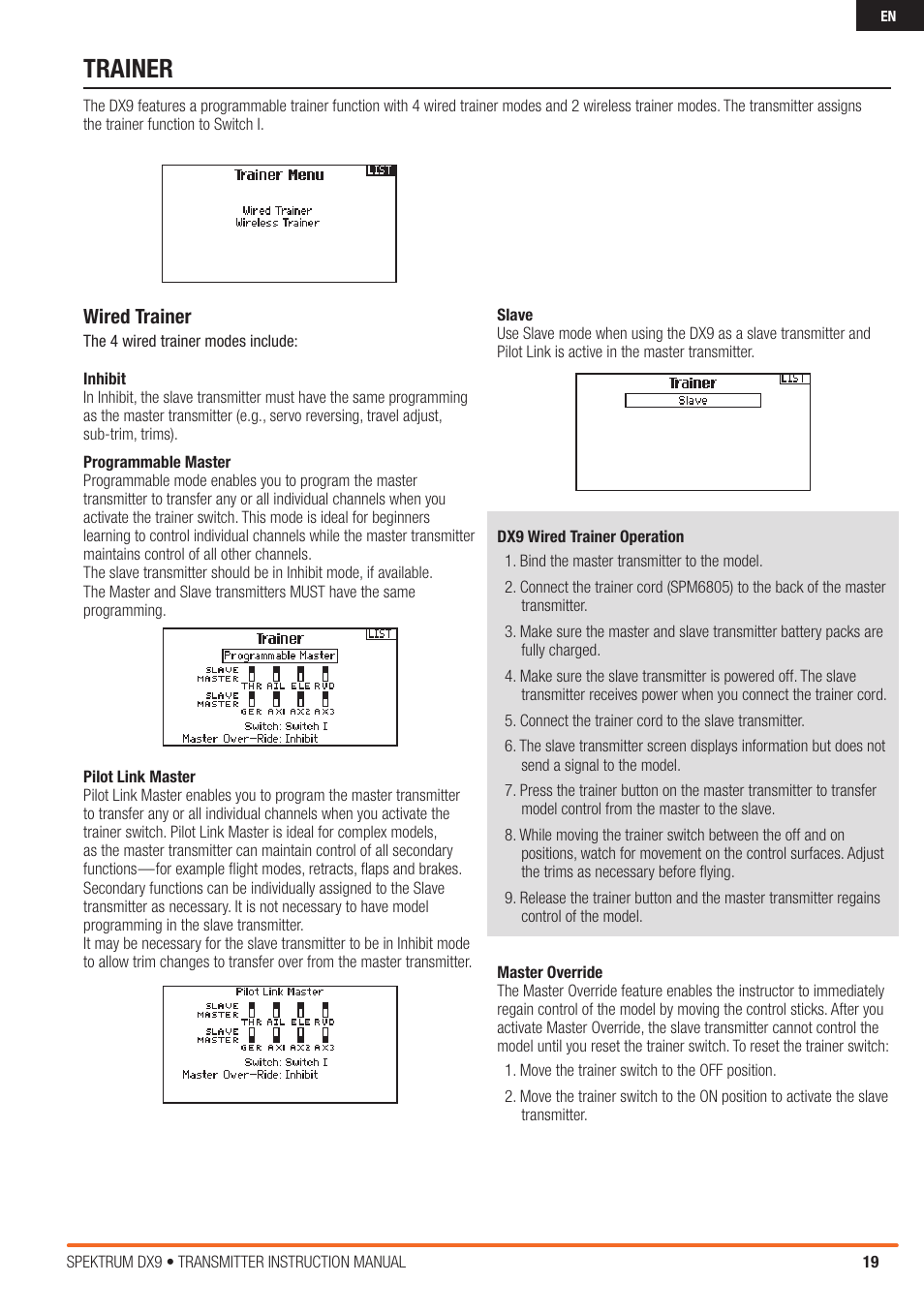 Trainer, Wired trainer | Spektrum SPMR9900 DX9 User Manual | Page 19 / 48