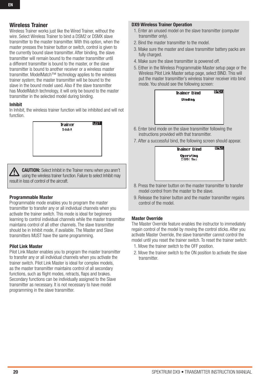 Wireless trainer | Spektrum SPMR9900 DX9 User Manual | Page 20 / 48