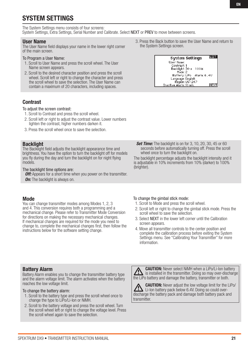 System settings, User name, Contrast | Backlight, Mode, Battery alarm | Spektrum SPMR9900 DX9 User Manual | Page 21 / 48