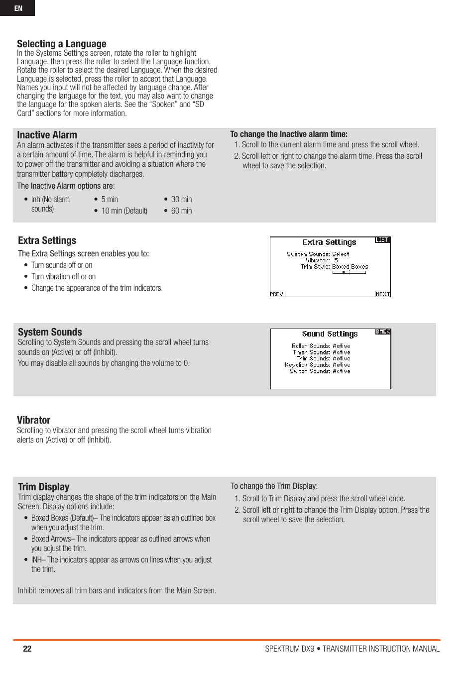 Selecting a language, Inactive alarm, Extra settings | System sounds, Vibrator, Trim display | Spektrum SPMR9900 DX9 User Manual | Page 22 / 48