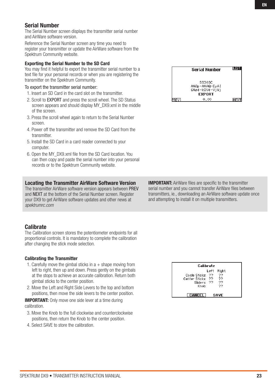 Serial number, Calibrate | Spektrum SPMR9900 DX9 User Manual | Page 23 / 48